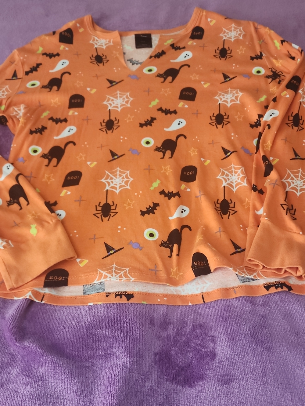 Womens Orange Halloween Cat & Spider Top